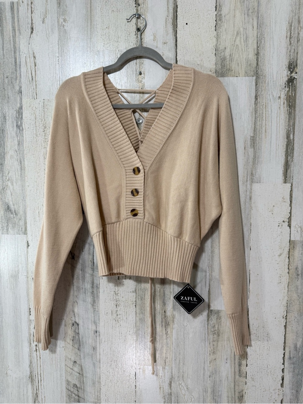 Oversized Dramatic V-Neck Button Front Lave Up Back Knit Sweater